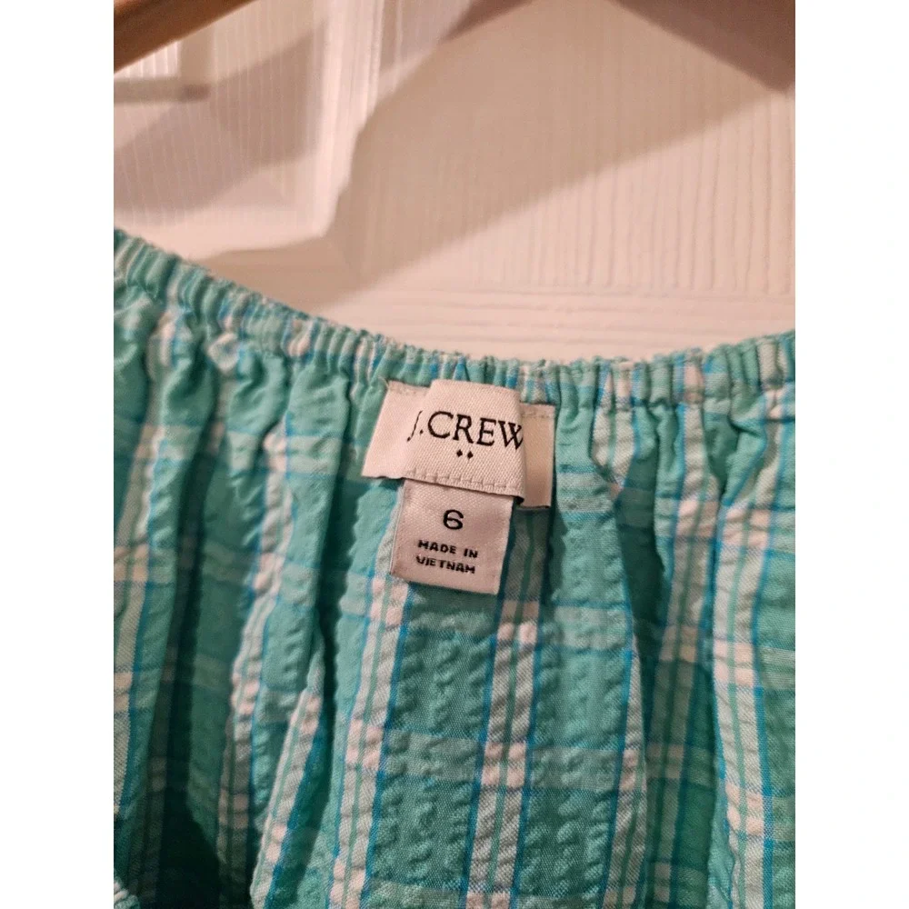 J.Crew Seersucker‎ Ruffleneck Mini Dress Womens 6 Green Plaid Cotton Long Sleeve